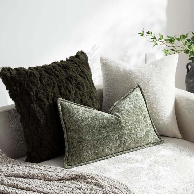 DEZENE Pack of 2 Sage Green Christmas Decorative Throw Pillow Covers 12x20 Cozy Soft Chenille Accent Vintage Rectangular Lumbar Couch Pillow Covers for Home Decor Bed Sofa Living Room