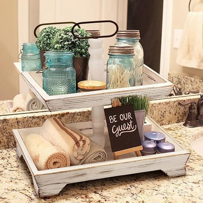 Farmhouse 2 Tiered Tray Stand for Home Decor, Wooden Serving Tiered Tray for Coffee Bar Table Centerpiece, Decorative Trays Kit for Countryside, Round Rustic Stand for Cake Cupcake (Washing White)