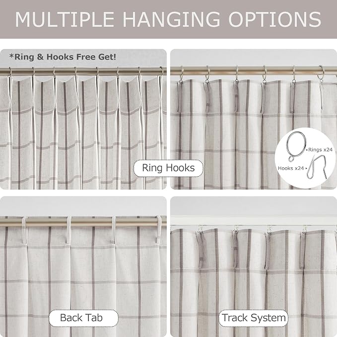 Vision Home Tan Plaid Linen Pinch Pleated Semi Sheer Curtains 60" Wx102 Lx2 | Checkered Light Filtering, Back Tab,with Ring Hooks, 2 Panels, Living Room Bedroom, Rustic Pleat Drapes