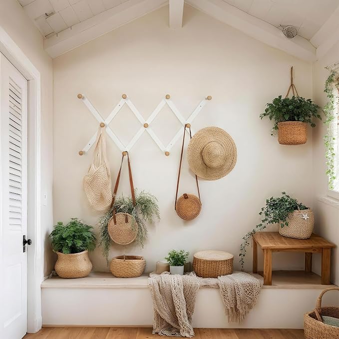 SKOLOO Hat Rack for Wall with 11 Hooks, 24 inch Solid Wooden, Modern, Huge Coat Rack Wall Mount for Coats, Hats, Bags, Cowboy Caps, Baseball Caps, Natural on White
