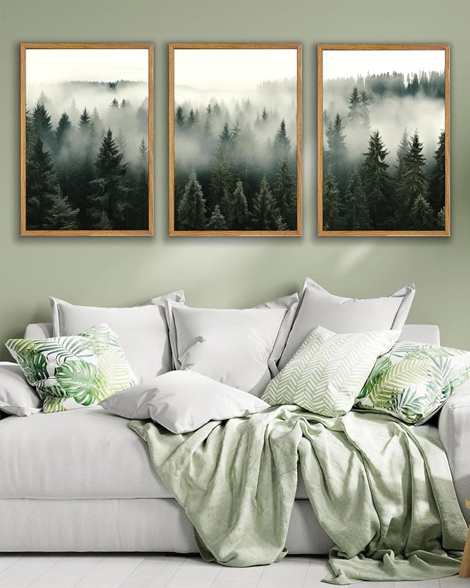 UPWOIGH Foggy Forest Framed Wall Art, 16 x 24 Inch, Set of 3 | Misty Evergreen Forest Triptych Prints, Moody Nature Design, Warm Wood Frames for Bedroom, Office and Living Room