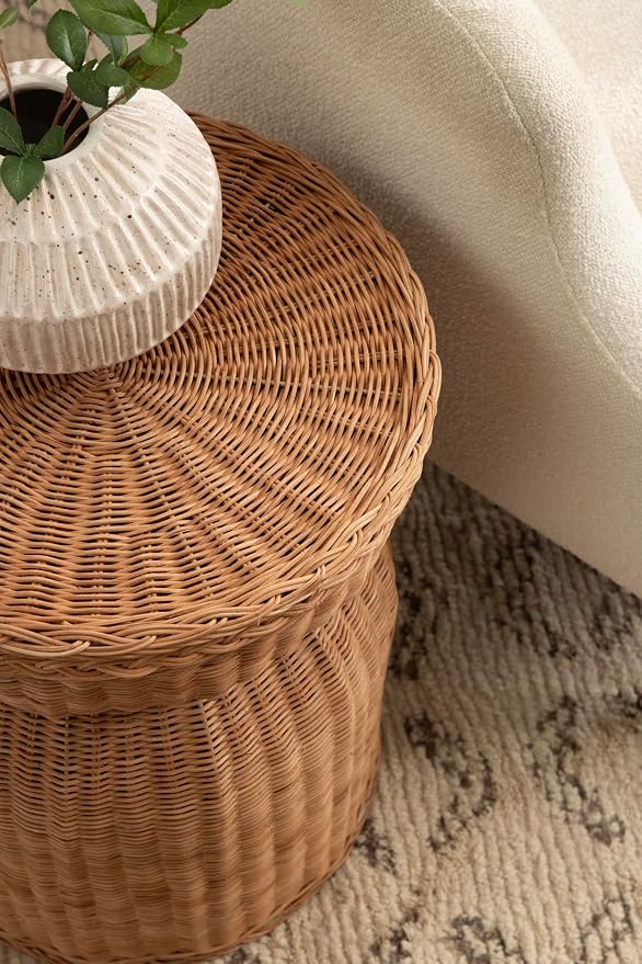 Kate and Laurel Thatch Modern Woven Rattan Round Storage Side Table, 17 x 17 x 21, Natural Rattan, Lift-Top End Table for Use as Hidden Storage Basket, Nursery Toy Storage, or Small Laundry Hamper
