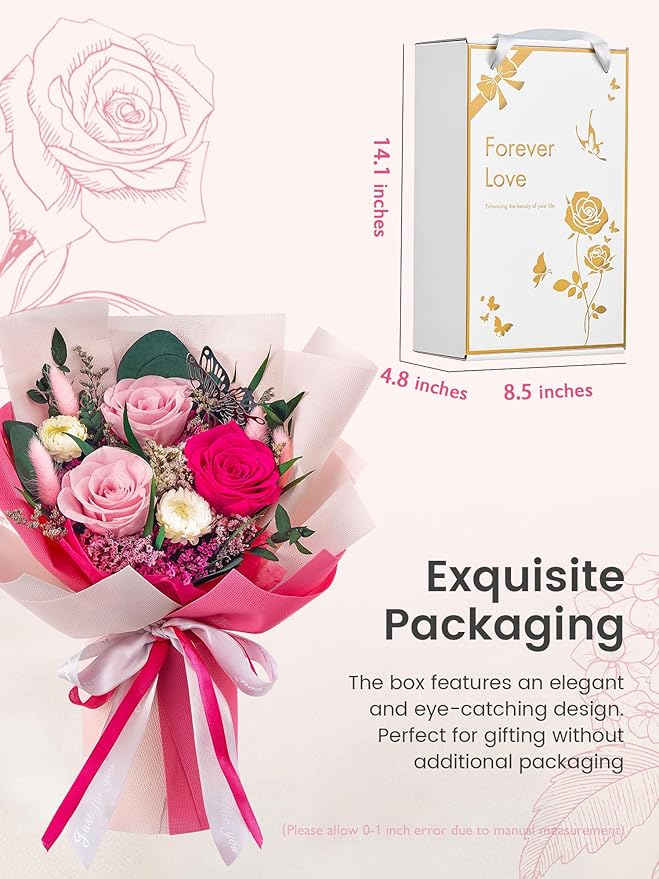Polylove Flowers for Delivery Prime Forever Flowers Bouquet Preserved Roses Bouquet Flower Gift for Women Wife Mother Day Graduation Birthday (Hot Pink, Small)