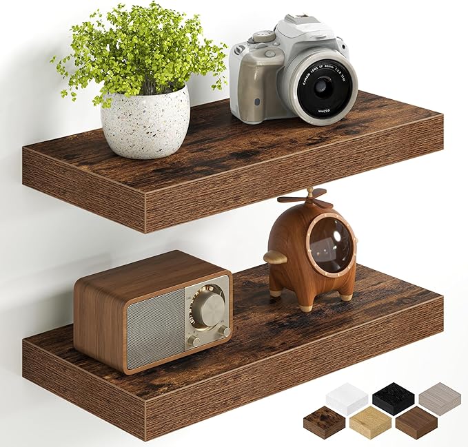 Fun Memories 16Inch Floating Shelves for Wall, 8 Inch Deep Shelves for Bathroom|Bedroom|Kitchen Wall Mounted, Wood Hanging Shelf with Invisible Brackets for Home Storage Decor, Rustic Brown - 2 Pack