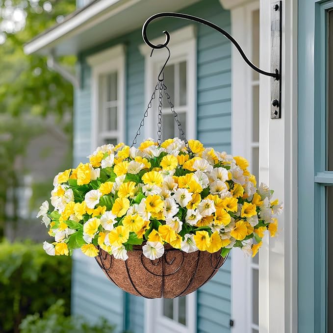 Ammyoo Artificial Hanging Flowers with Basket, Faux Silk Petunias Flower Arrangement, Coconut Lining with Morning Glories Fake Plants Patio Garden Porch Deck Fall Decor(Yellow and White)
