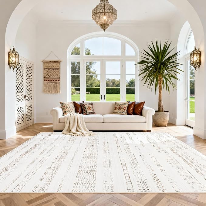 Srugn Moroccan Washable Rugs 8x10 Area Rugs for Living Room,Bedroom,Dining Room- Large Ultra Soft Faux Wool Retro Carpet,Non Slip&Non-Shedding Low Pile Vintage Print Rug-(Light Brown-White)