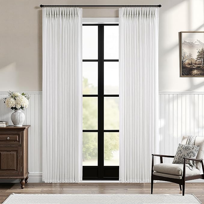 Beige White Linen Curtains 84 Inch Length 2 Panels for Living Room Neutral Textured Pinch Pleated Curtains Ivory Cream Light Filtering Pleated Drapes 84 Inches Long Back Tab Hooks Clips Rings 7Ft