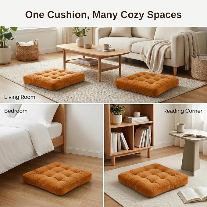 Floor Pillow for Adults, Soft Velvet Floor Cushion for Sitting, Single Square Tufted Floor Pillow for Reading Nook, Living Room, Bedroom, 22 x 22 Inch, Orange