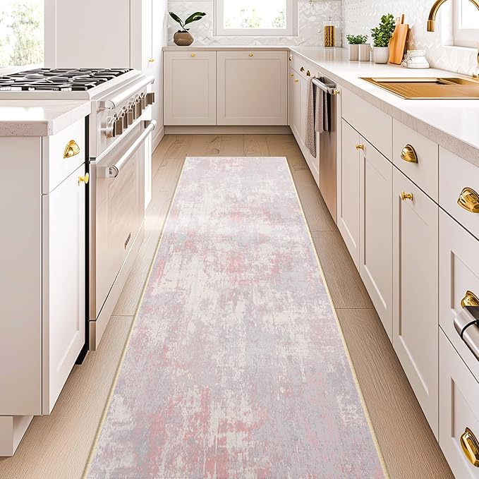 RELEANY Washable Area Rugs 2'x8' Non-Slip Modern Abstract Soft for Living Room Entryway Bedroom Nursery, Print Pattern, Grey Pink