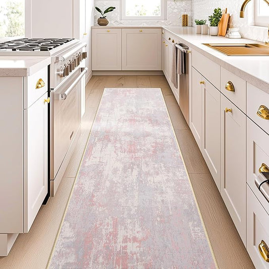 RELEANY Washable Area Rugs 2'x8' Non-Slip Modern Abstract Soft for Living Room Entryway Bedroom Nursery, Print Pattern, Grey Pink