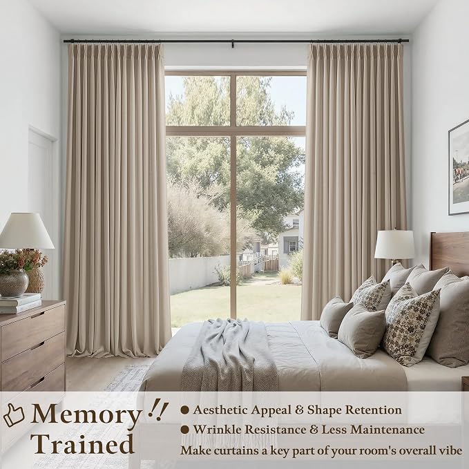 100 Inch Pinch Pleat Semi Sheer Curtains 100 Inches Long for Bedroom Living Dining Room Neutral Farmhouse Light Filtering Burlap Thick Linen Pinch Pleated Window Curtain 2 Panels Tan Burlywood Birch