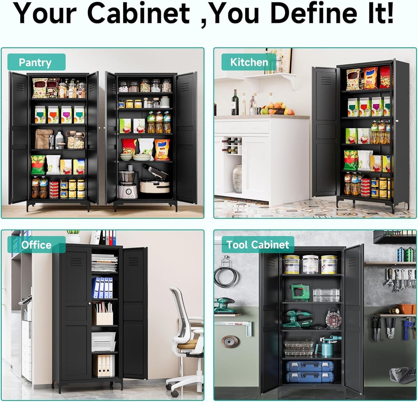 Metal Storage Cabinet with Doors and Shelves,Black Storage Cabinet with Leg,Metal Pantry Cabinets,Ventilated Pantry Closet,Tall Large Cupboard for Home,Kitchen,Dining/Living/Laundry Room