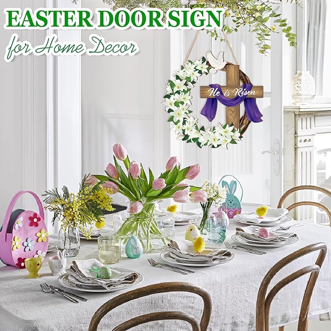He is Risen Easter Decoration Wooden Wreaths for Front Door Sign Cross Sign Door Wall Signs, Christian Jesus Lily Flowers Ornaments Hanging Crafts for Spring Home Farmhouse Party Porch Decor
