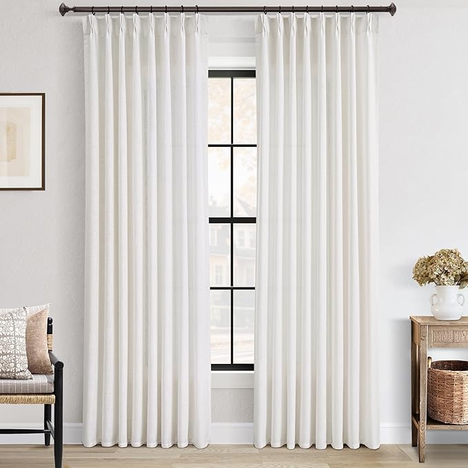 Pleated Linen Curtains 92 inch Long for Living Room Patio Sliding Door Light Filtering Semi Sheer Curtains 92 inch Length 2 Panels Set Modern Elegant Textured Thick Pleat Drapes Neutral Cream