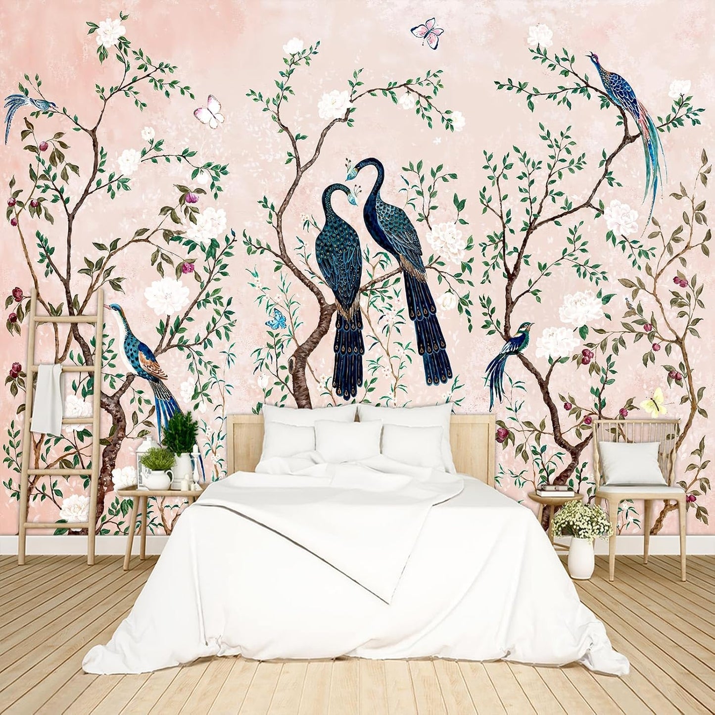 Pink Chinese Style Flowers Birds Wallpaper Peel and Stick Wall Mural for Bedroom Living Room - 96"x137"