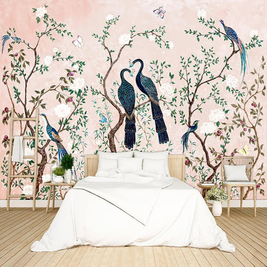 Pink Chinese Style Flowers Birds Wallpaper Peel and Stick Wall Mural for Bedroom Living Room - 96"x137"