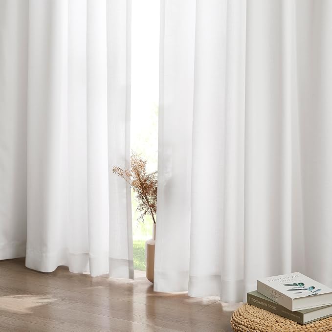 Vision Home White Pinch Pleated Light Filtering Curtains 60" Wx108 Lx2 | Microfiber Liner, Linen Blended, Privacy Drapes, Back Tabs with Ring Hooks, 2 Panels, for Living Room Bedroom Sliding Door