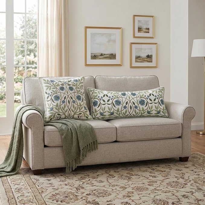 ISAENNE Designer Linen Throw Pillow Cover,Set of 2,28"x12"-Mosella A | Vintage Elegant Rectangle Decor Pillow Cover,Concealed Zipper Design,Floral Pattern,Sofa,Bedroom,Living Room,Lounge Chairs