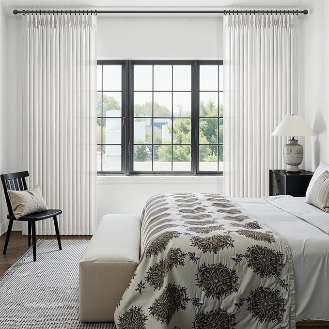 Beige White 102 Inch Extra Long Curtains for Sliding Glass Doors, Memory Shape Pleated Natural Linen Semi Sheer Light Filtering Privacy Boho Bedroom High Ceiling Windows Curtain & Drapes 4 Panels Set