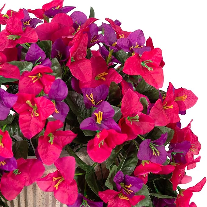 INXUGAO 2 pcs Artificial Faux Bougainvillea Flowers Plants for Outdoor Outside Summer Decoration, Fake Silk UV Resistant Long Trailing Vines for Front Door Porch Planter Balcony (Rose Deep Lotus)