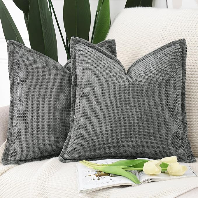 MADIZZ Decorative Chenille Velvet Throw Pillow Covers Set of 2 Soft Boho Textured Neutral Couch Throw Pillow for Bed Modern Farmhouse Home Decor for Sofa Livingroom Dark Grey 20x20 Inch