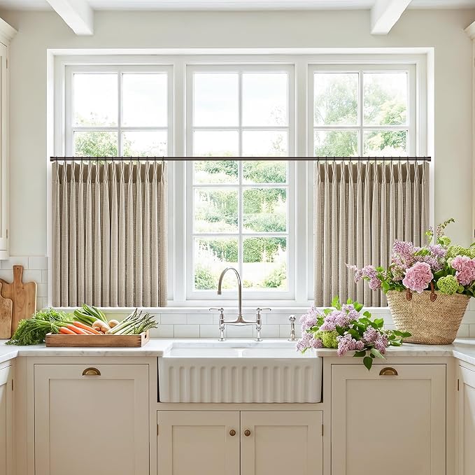 Short Pinch Pleated Curtains 24 Inch 2 Panels Taupe Rustic Country Light Filtering Linen Blend Small Window Curtain for Kitchen Dining Room Semi Sheer Privacy Flax Linen Pleat Drapes 24 Inches Long