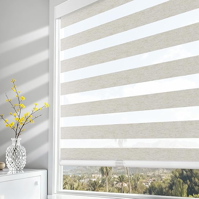 AOSKY Cordless Zebra Blinds for Windows Pull Down Roller Window Shades Dual Layer Light Filtering Privacy for Day and Night, Free-Stop Door Shades for Home Easy to Install Linen Cream 31" W X 72" H
