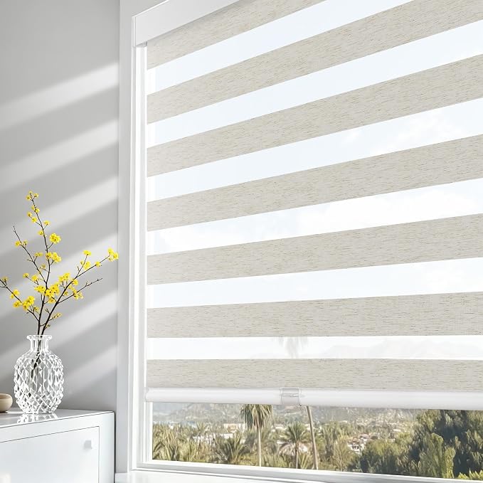 AOSKY Cordless Zebra Blinds for Windows Pull Down Roller Window Shades Dual Layer Light Filtering Privacy for Day and Night, Free-Stop Door Shades for Home Easy to Install Linen Cream 50" W X 72" H