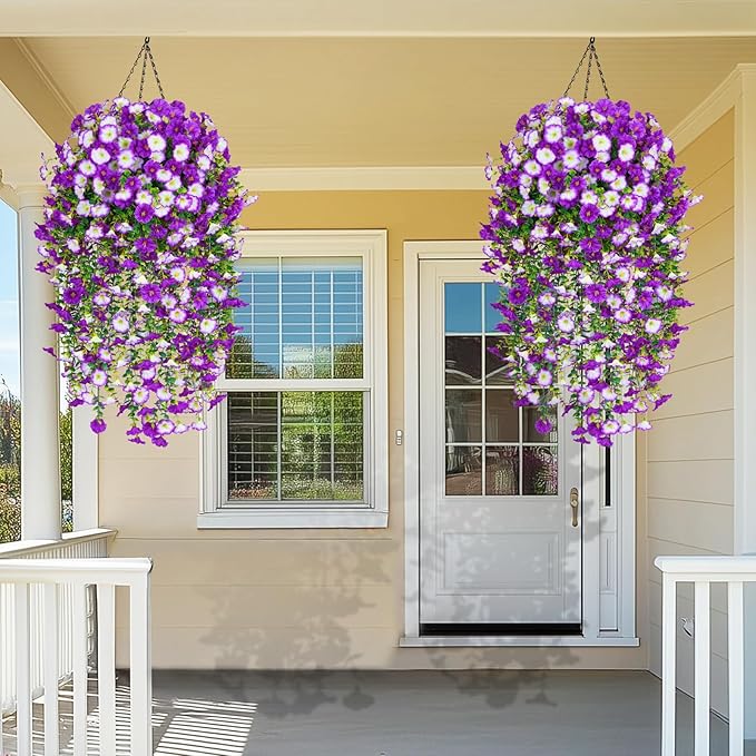 Dolicer 2 Packs Look Real Artificial Flowers for Outdoors, Fake Artificial Hanging Flowers for Outdoors Realistic UV Resistant Hanging Flowers Silk Petunia Faux Flowers for Porch Patio (Mixed Purple)