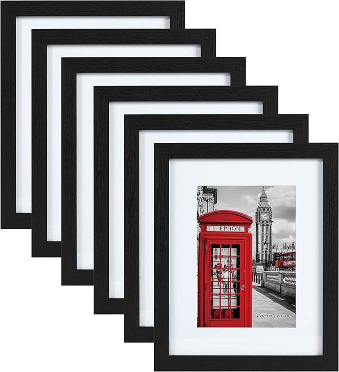 PEALSN 11x14 Picture Frame Set of 6, Display Pictures 8x10 with Mat or 11x14 without Mat for Wall Mounting or Table Top Display, Photo Frames Collage for Wall Decor, Black Woodgrain.