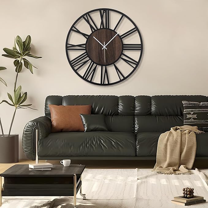 LEIKE Large Wall Clocks,Silent,Non Ticking,Battery Operated Rustic Round Modern Big Wood Wall Clock for Living Room, Bedroom,Kitchen,Farmhouse,Office,Home Decor-16 Inch(Black-Roman Numerals)