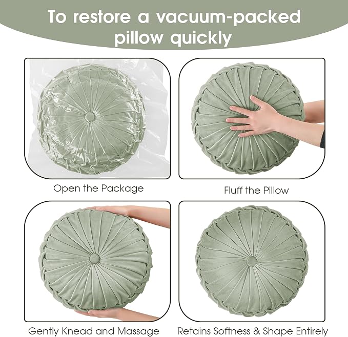 ROSE&RISY Round Pleated Velvet Throw Pillows, 2 Pack Decorative Accent Pumpkin Pillows Cushion for Couch Sofa Bed, Soft Plush Retro Vanity Throw Pillows for Home Decor, 14.5 Inch, Sage Green