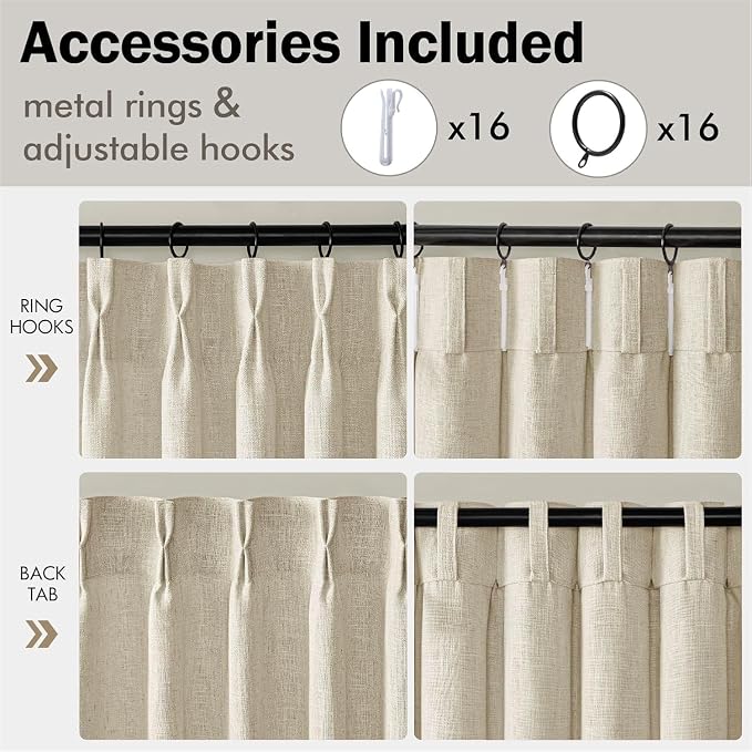 MIULEE Pinch Pleated Thick Linen Curtains 102 Inches Long 2 Panels for Living Room Bedroom, Beige Linen Textured Drapes Pleat Back Tab Memory Trained Light Filtering Curtains with Hooks