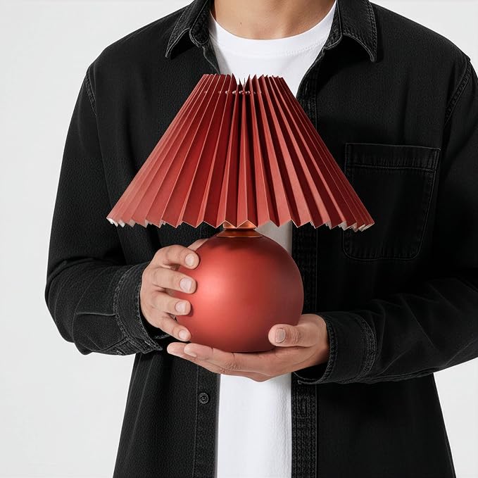 Brightech Serena LED Table Lamp - Small 10" Modern Ceramic Lamp with Pleated Shade for Bedside, Nightstand, Desk - Mini Night Light with Cozy Soft White Light for Living Room, Bedroom - Maroon Red