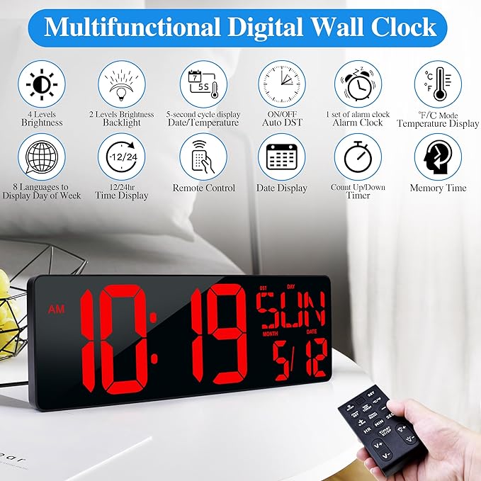 Large Digital Wall Clock with Remote Control 17.2" LED Large Display Timer with Temperature Date Week Auto DST Adjustable Brightness, Big Wall Alarm Clock for Living Room Office Garage Gym Seniors