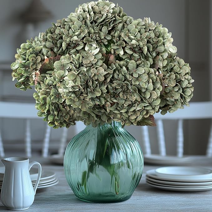 Hydrangea Artificial Flowers,Green Artificial Flower Fake Silk Hydrangea, Heads Bouquet with Stems Bulk for Fall Decoration Table Center Indoor Outdoor Faux Floral Plants 8pcs (Green)