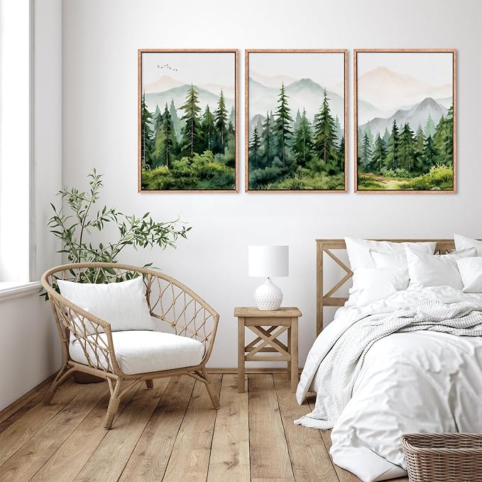 Boho Green Mountain Range Framed Canvas Wall Art Set, Watercolor Pine Tree Wall Decor, Foggy Forest Woodland Wall Painting, Modern Wilderness Art Print for Living Room, Bedroom, Office 24"x36"x3