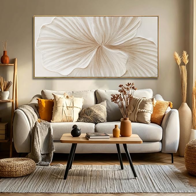 Framed White Floral Wall Art Hand Painted Textured Canvas Wall Art Modern Minimalist Abstract Flower Artwork for Living Room Bedroom Office 24x48 Inch
