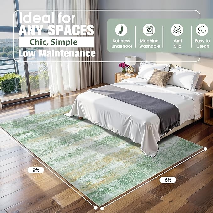 6x9 Area Rugs for Living Room Rug Washable: Abstract Rug for Dining Room Bedroom Carpet Non Slip 6 by 9 Indoor Modern Nursery Home Office Green