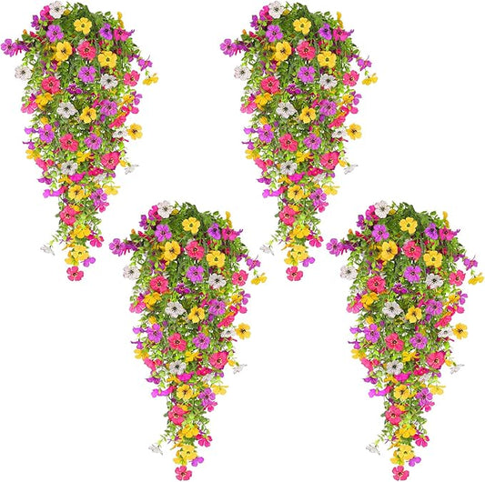 TURNMEON 4 Pcs Artificial Flowers for Outdoors Spring Summer Decor, UV Resistant No Fade Fake Hanging Flowers Plants Faux Plastic Realistic Silk Flower for Gardens Porch Planter Patio Yard Home Indoor