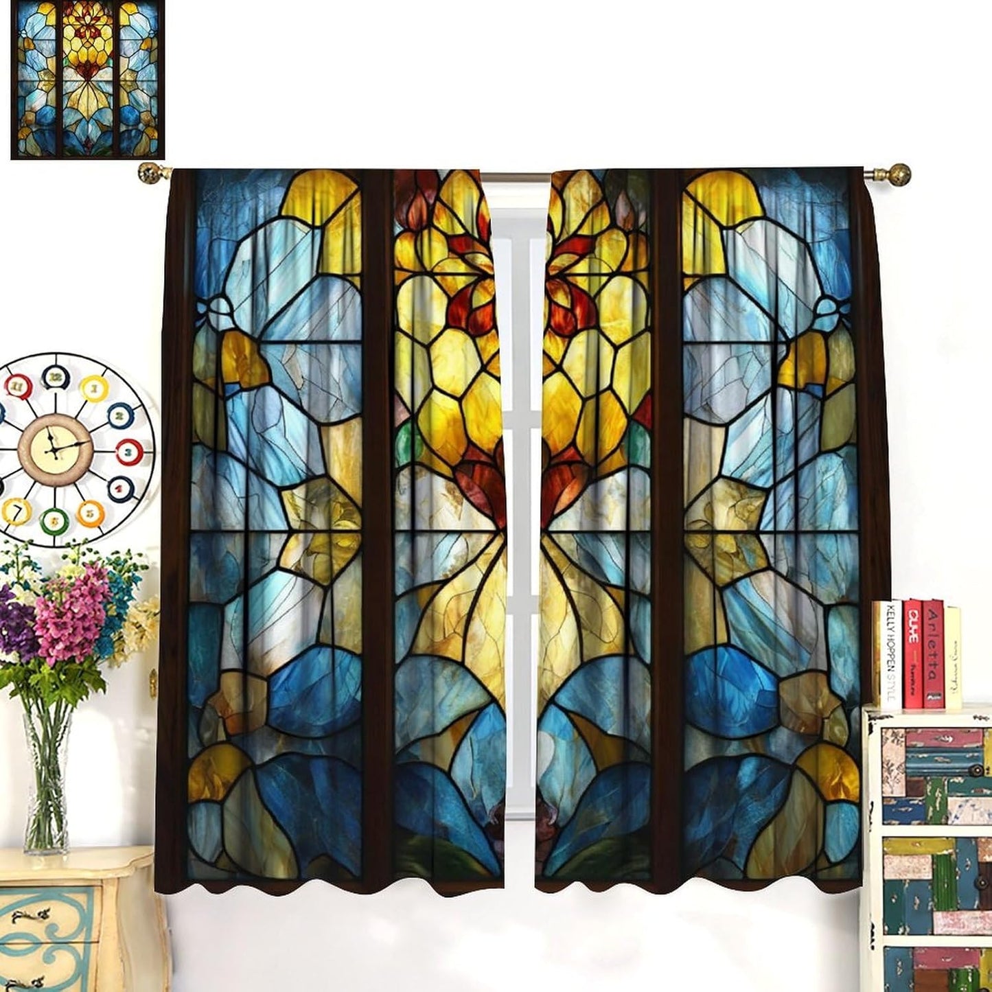 Stained Glass Curtains,Retro Abstract Colorful Art Home Decor Drapes for Bedroom Living Room Kitchen Window Treatment 2 Panels Set Total Size 63" W X 63" L Inch