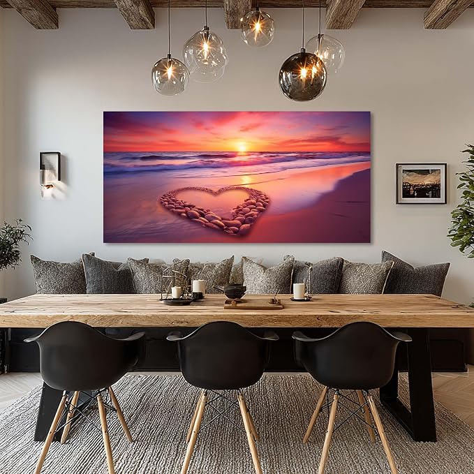 Ggaafet Romantic Love Beach Wall Art for Living Room Canvas Painting Prints Romance Sunset Red Sandbeach Art Deco Modern Artwork Office Bedroom Family Room Decor Extra Large