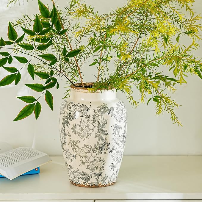 Sungmor Ceramic Flower Vase, Vintage Ice Cracked Glaze Porcelain Vase, Pretty Home Decor Vase for Flower Arrangement, Fresh Flowers, 10.2 Inch Tall Chinoiserie Pottery Vase, Gray Floral Pattern