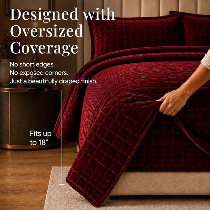 Tribeca Living Luxury Velvet Quilt King Size Set - 260GSM Ultra-Soft Oversized Velvet Bedspread Comforter Set with 2 Shams, in Florence Burgundy