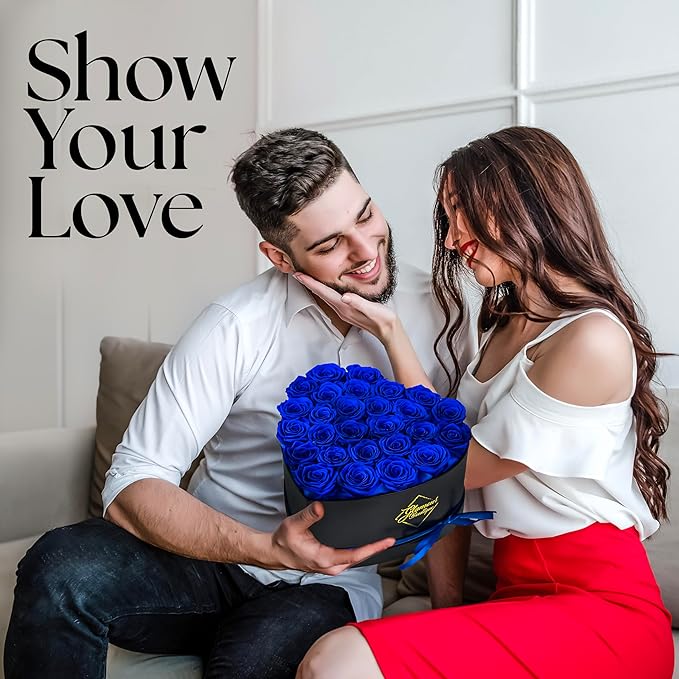 GLAMOUR BOUTIQUE 27 Flower Forever Heart Shape Box, Eternal Preserved Roses Gift for Her, Lasting Flowers, Premium Floral Heart Box for Birthday, Anniversary or Valentine’s Day, Blue (Color-Treated)