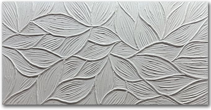 Art8YuQi Paintings - Contemporary Abstract Art leaf Oil Painting On Canvas Texture 3D White Painting Plantain Handmade Artwork Picture Canvas Wall Art Modern Home Decor living room Ready to Hang (24X48 inch)