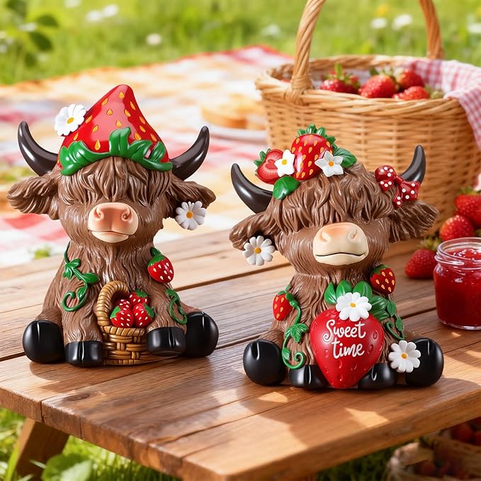 Karenhi 2 Pcs Strawberry Highland Cow Figurines, Strawberry Cute Resin Cow Ornaments Statue Calf Lovers Gifts for Home Garden Kitchen Office Tiered Tray Table Decor