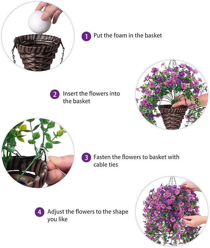 HyeFlora Artificial Hanging Flowers Basket for Outdoor, Fake Flowers Faux Plants Look Real for Yard Gardens Porch Patio Home (Darkpurple+Purple)