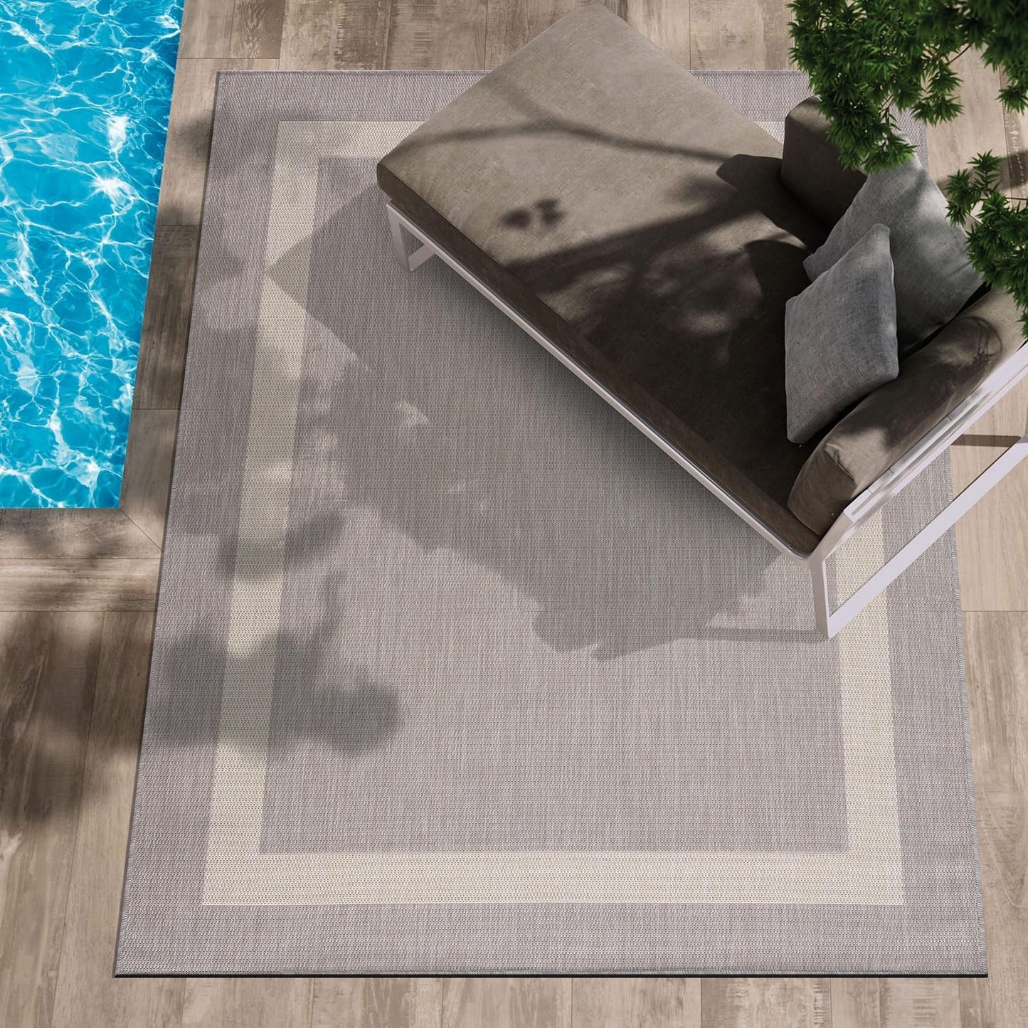 CAMILSON Outdoor Rug 8x10,Modern Outside Rugs for Patios Porches Waterproof Durable Washable Non-Shedding, Easy-to-Clean Indoor Outdoor Area Carpet (8 x 10, Bordered - Gray/White)