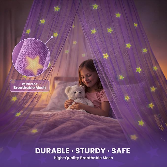 Bollepo Purple Bed Canopy for Girls with Glowing Stars - Princess Netting Room Decor, Ceiling Tent to Cover Toddler | Single, Twin, Full, Queen Size Kids Bed, Fire Retardant Fabric